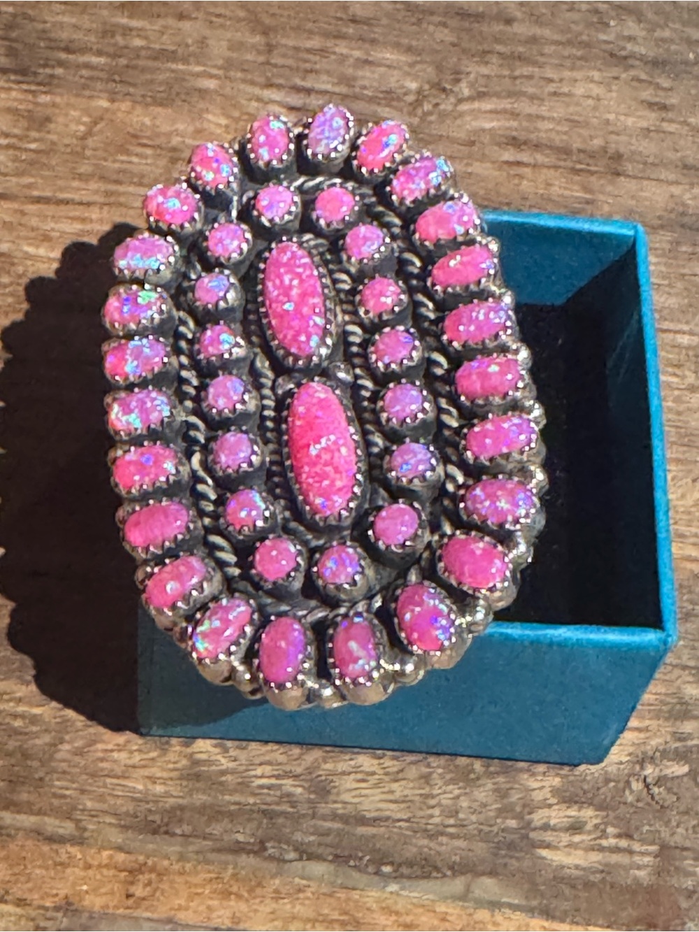 Hot Pink opal oval concho cluster large statement Sterling silver ring - Picture 2 of 9
